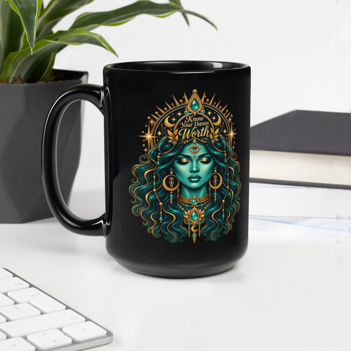 Goddess Energy (Low Battery) white ceramic coffee mug with black rim, handle, and interior