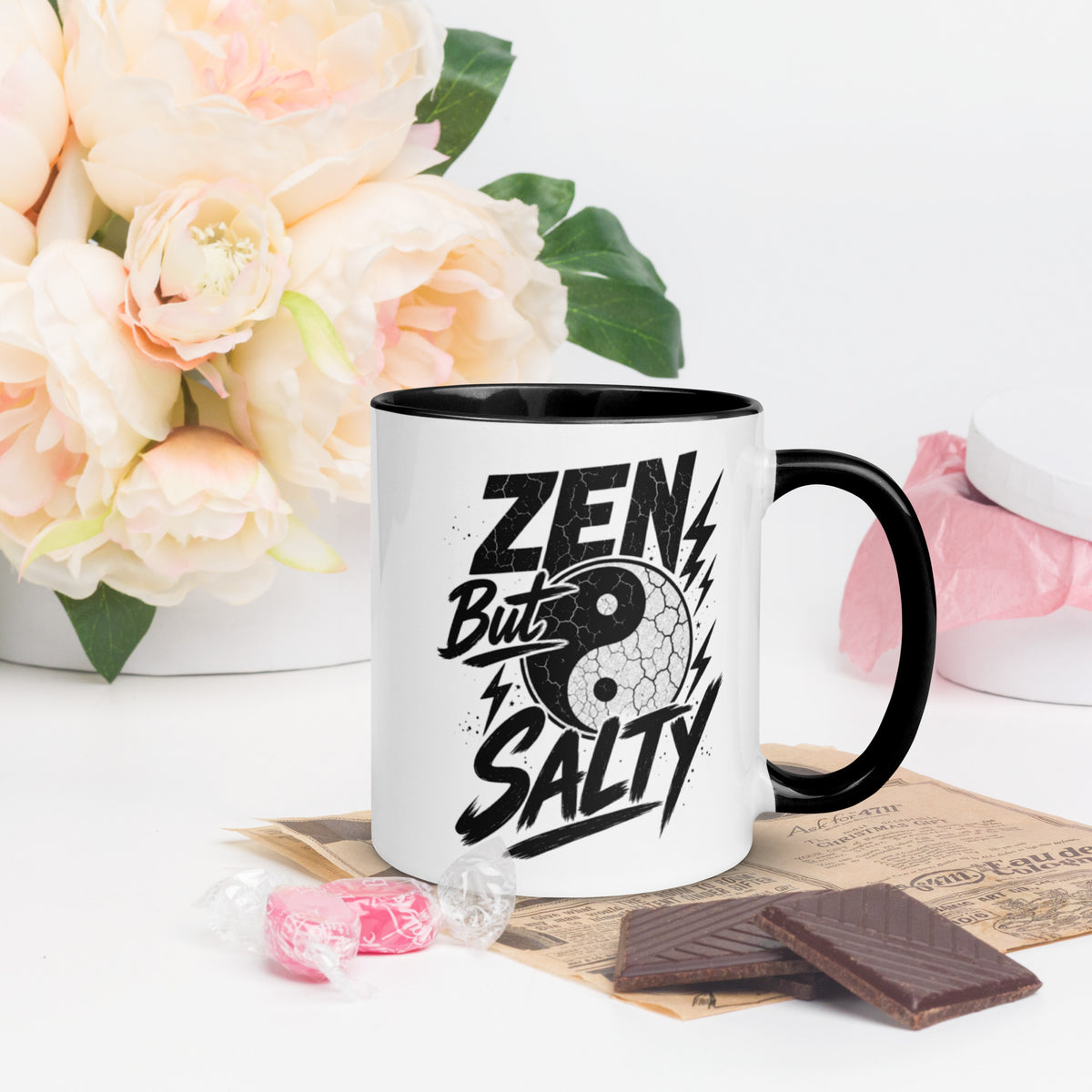 Zen But Salty 11 oz white ceramic coffee mug with black lettering, rim, interior, and handle